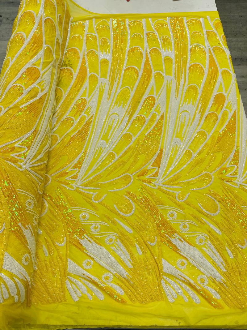 Yellow Multi Color Iridescent Sequins - Damask Net Fancy Design 4 Way Stretch Fabric By Yard