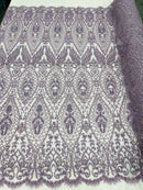 Beaded Fabric, Lt Lilac Damask Design Embroidered with Beads Wedding Bridal Sold By Yard