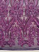 Plum Sequins Fabric on Mesh, Damask Design 4 Way Stretch Sequin Fabric Sold By The Yard