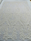 White Sequins Fabric on Mesh, Damask Design 4 Way Stretch Sequin Fabric Sold By The Yard