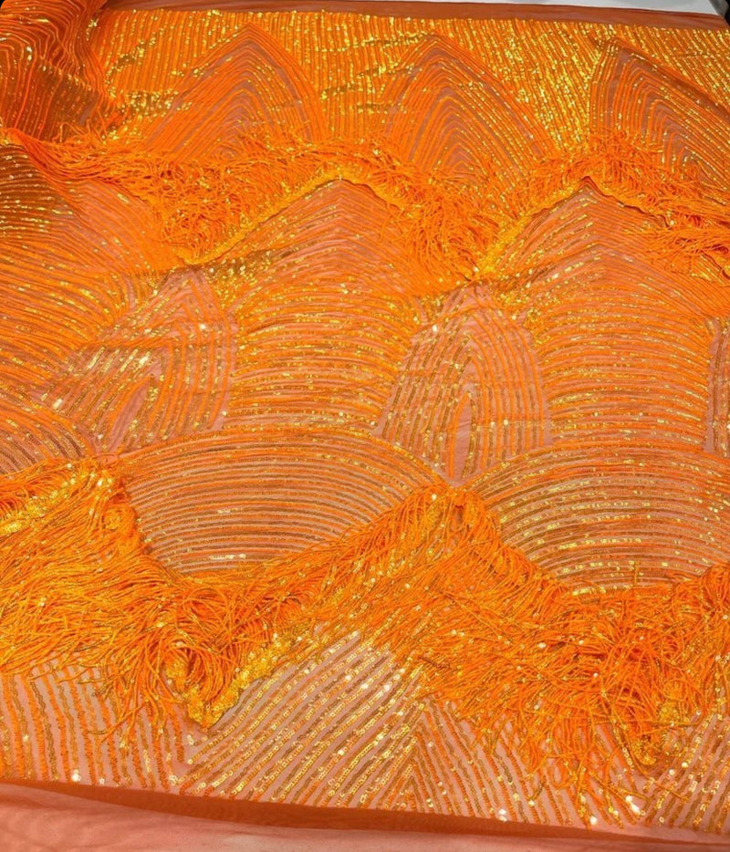 Neón orange Fringe Sequins on Mesh, Fringe Design Embroidered on a Mesh 4way Stretch Fancy Sequin-Prom-Gown ( Choose The Size )