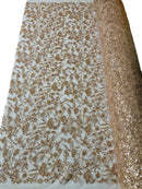 Beaded Design Floral Pattern - Rose Gold - Embroidered Beads in Floral Pattern on Mesh Sold By The Yard