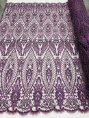 Beaded Fabric, Plum Damask Design Embroidered with Beads Wedding Bridal Sold By Yard