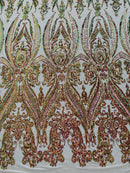 Green Purple Iridescent Sequins Fabric on Nude Mesh, Damask Design 4Way Stretch Sequin By The Yard