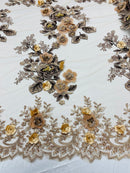 Skin/Brown 3D Floral Design Embroider and Beaded With Pearls On a Mesh Lace-Prom-Dresses By The Yard