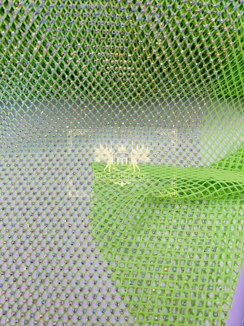 Iridescent Rhinestones Fabric by Yard On Lime Green 4way Stretch Net Fabric,Fish Net with Crystal Stones