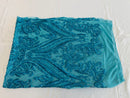 Turquoise Sequins Fabric on Mesh, Damask Design 4Way Stretch Sequin By The Yard