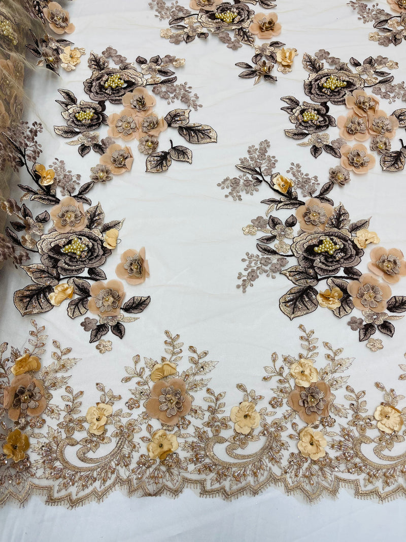 Skin/Brown 3D Floral Design Embroider and Beaded With Pearls On a Mesh Lace-Prom-Dresses By The Yard