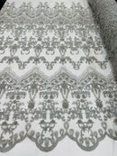 Silver Damask Design Beaded Fabric, Embroidered with Beads Wedding Bridal Sold By Yard