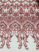 Dusty Rose Damask Design Beaded Fabric, Embroidered with Beads Wedding Bridal Sold By Yard