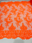 Neón Orange Bridal Lace - By The Yard - Floral Damask Design Embroidered on Mesh Lace Fabric