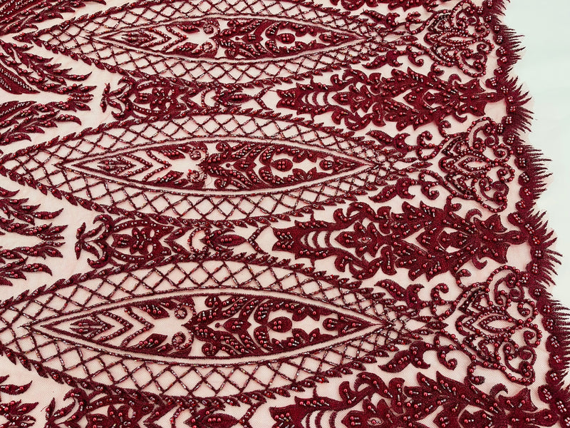 Beaded Fabric, Burgundy Damask Design Embroidered with Beads Wedding Bridal Sold By Yard
