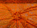 Orange Iridescent Sequin Fabric On a Mesh 4 Way Stretch, Sequins Fabric Royalty Design By The Yard
