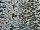 Aqua Iridescent Sequins Fabric on Black Mesh, Damask Design 4Way Stretch Sequin By The Yard