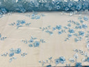 Baby Blue 3D Floral Design Embroider and Beaded With Pearls On a Mesh Lace Fabric By The Yard