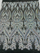 Aqua Iridescent Sequins Fabric on Black Mesh, Damask Design 4Way Stretch Sequin By The Yard