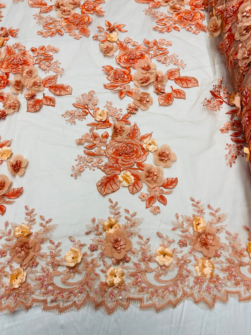 Orange 3D Floral Design Embroider and Beaded With Pearls On a Mesh Lace-Prom-Dresses By The Yard