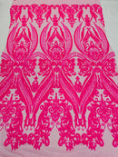 Hot Pink Sequins Fabric on Mesh, Damask Design 4 Way Stretch Sequin Fabric Sold By The Yard