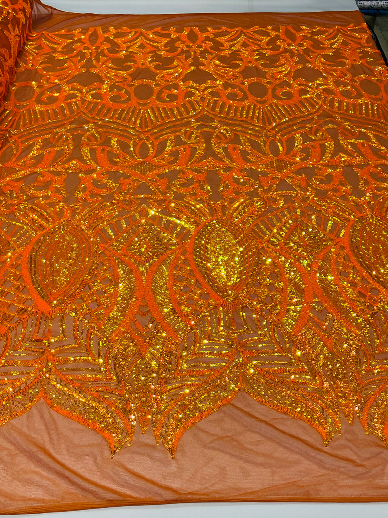 Orange Iridescent Sequin Fabric On a Mesh 4 Way Stretch, Sequins Fabric Royalty Design By The Yard