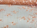 Peach 3D Floral Design Embroider and Beaded With Pearls On a Mesh Lace Fabric By The Yard