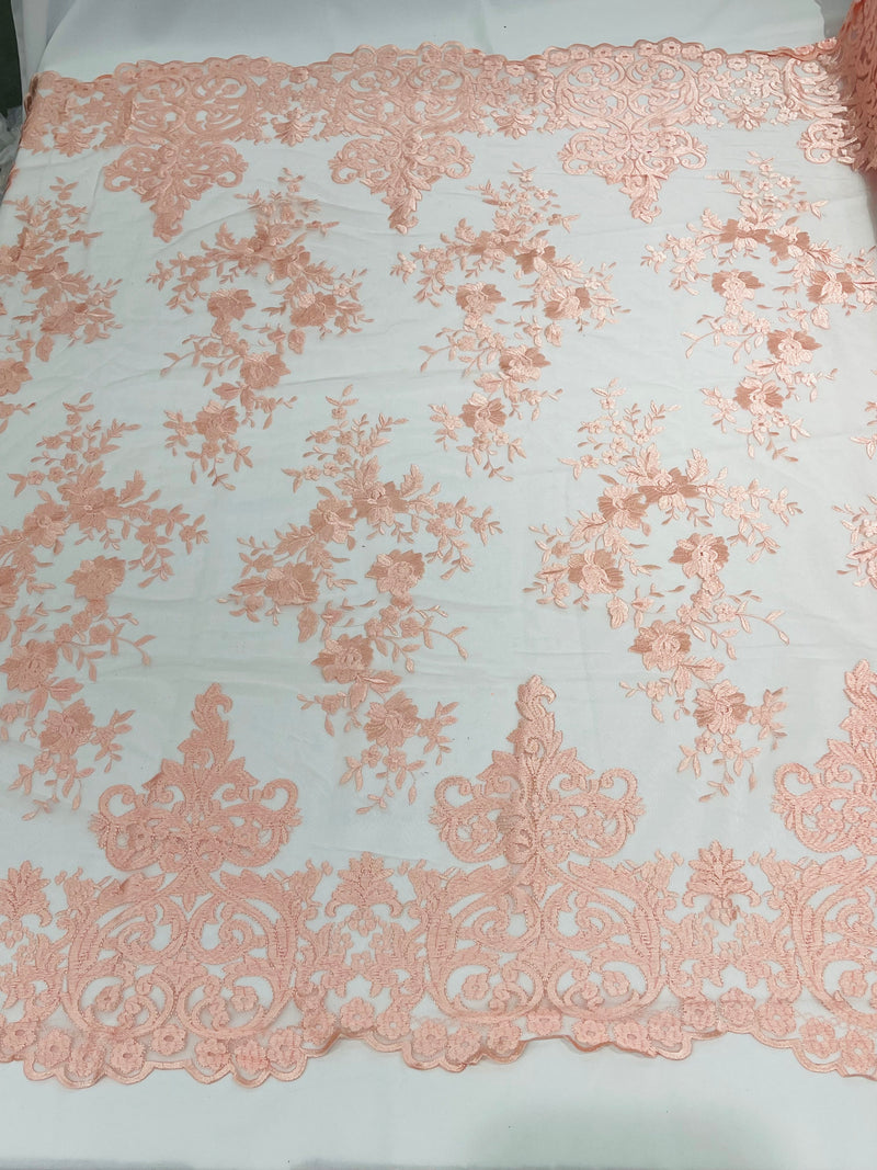 Blush Pink Bridal Lace - By The Yard - Floral Damask Design Embroidered on Mesh Lace Fabric