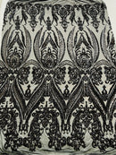 Black Sequins Fabric on Mesh, Damask Design 4 Way Stretch Sequin Fabric Sold By The Yard