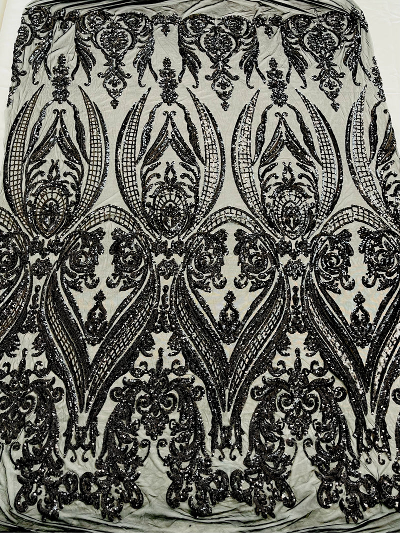 Black Sequins Fabric on Mesh, Damask Design 4 Way Stretch Sequin Fabric Sold By The Yard