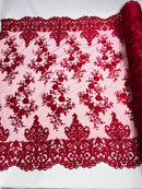 Burgundy Bridal Lace - By The Yard - Floral Damask Design Embroidered on Mesh Lace Fabric