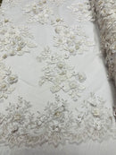 3D Floral Design Embroider and Beaded With Pearls On a Mesh Lace-Prom-Dresses By The Yard