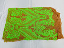 Neón Green Sequins Fabric on DK Nude Mesh, Damask Design 4Way Stretch Sequin By The Yard