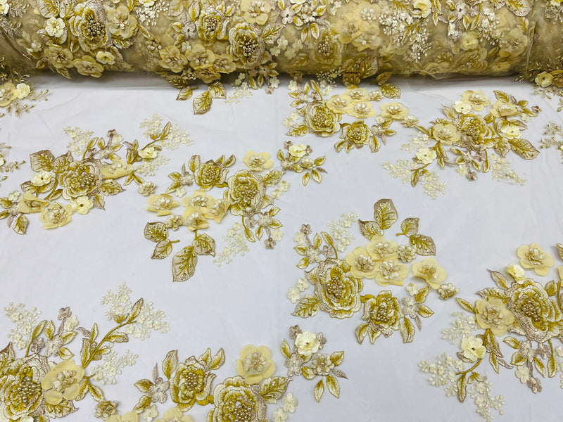 Gold/Yellow 3D Floral Design Embroider and Beaded With Pearls On a Mesh Lace-Prom-Dresses By The Yard