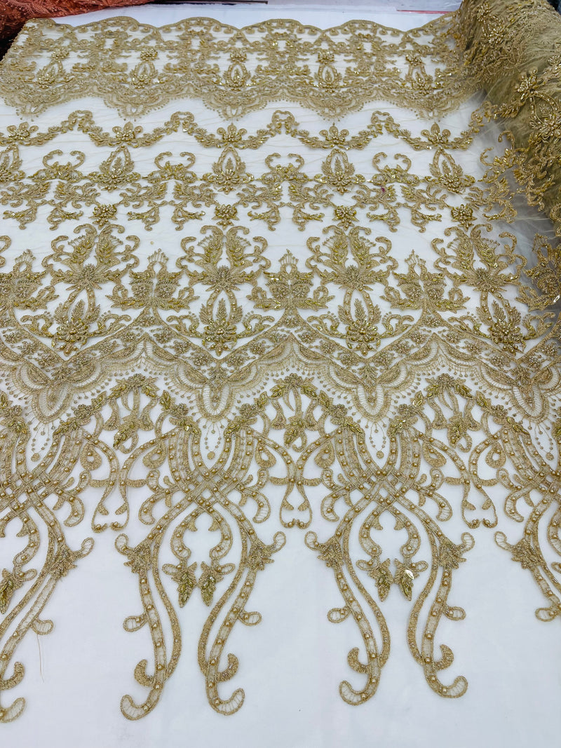 Gold Damask Design Beaded Fabric, Embroidered with Beads Wedding Bridal Sold By Yard