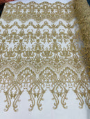 Gold Damask Design Beaded Fabric, Embroidered with Beads Wedding Bridal Sold By Yard