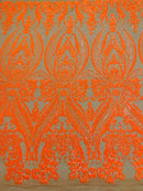 Damask Royalty Design - Orange on DK Nude Mesh - 4 Way Stretch Sequins Fabrics By The Yard