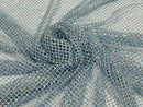 Fishnet Iridescent Rhinestones Fabric - Baby Blue - Spandex Fabric Fish Net with Crystal Stones by Yard
