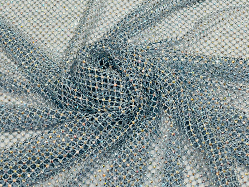 Iridescent Rhinestones Fabric On Baby Blue 4way Stretch Net Fabric,Fish Net with Crystal Stones By Yard