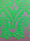 Neón Green Sequins Fabric on DK Nude Mesh, Damask Design 4Way Stretch Sequin By The Yard