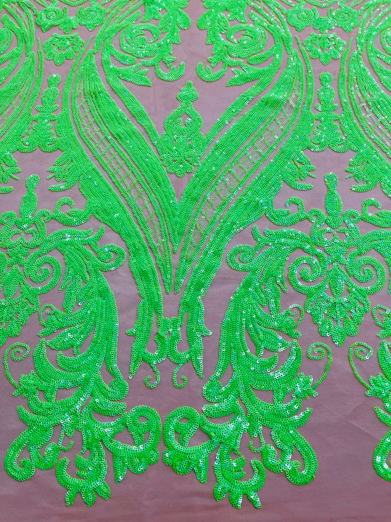 Neón Green Sequins Fabric on DK Nude Mesh, Damask Design 4Way Stretch Sequin By The Yard
