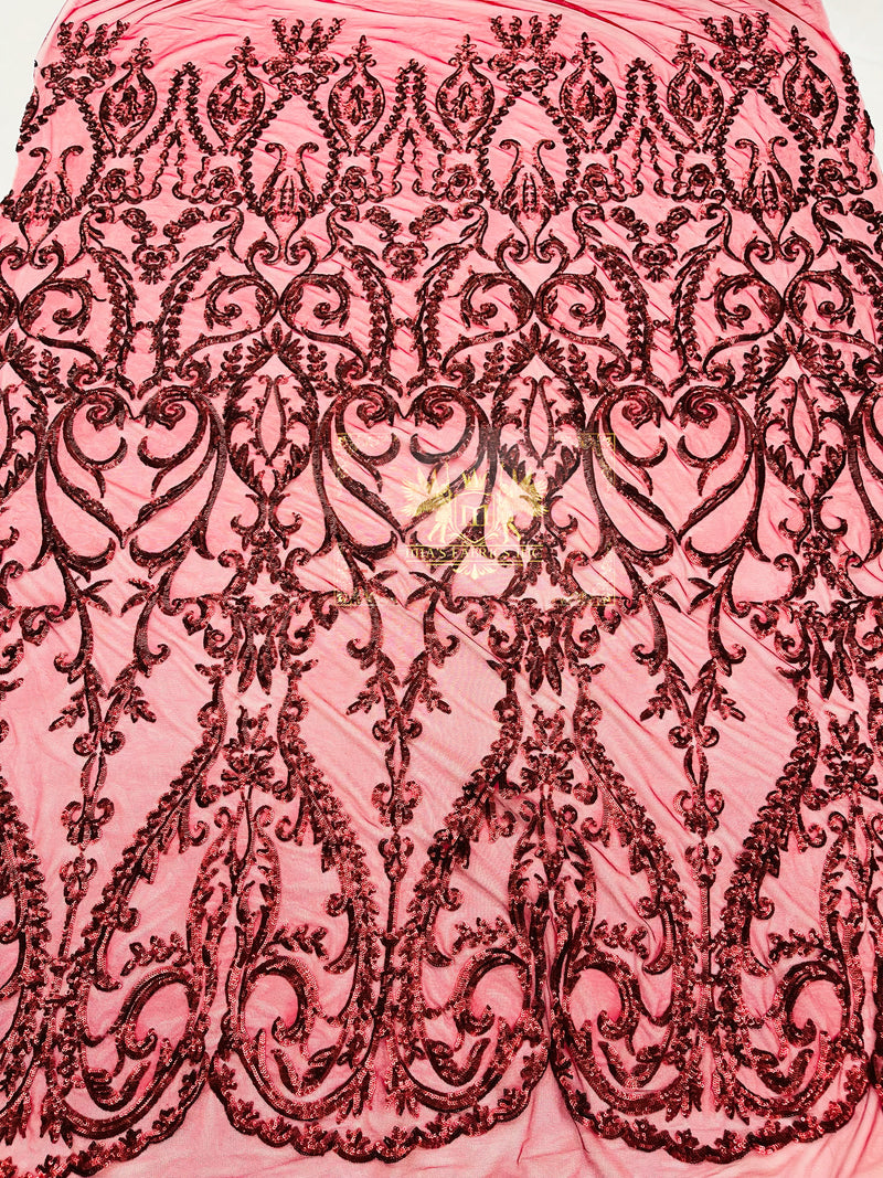 Matte Burgundy Sequin Fabric On a Mesh 4 Way Stretch, Sequins Fabric Damask Design By The Yard