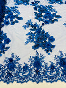 Royal Blue 3D Floral Design Embroider and Beaded With Pearls On a Mesh Lace-Prom-Dresses By The Yard