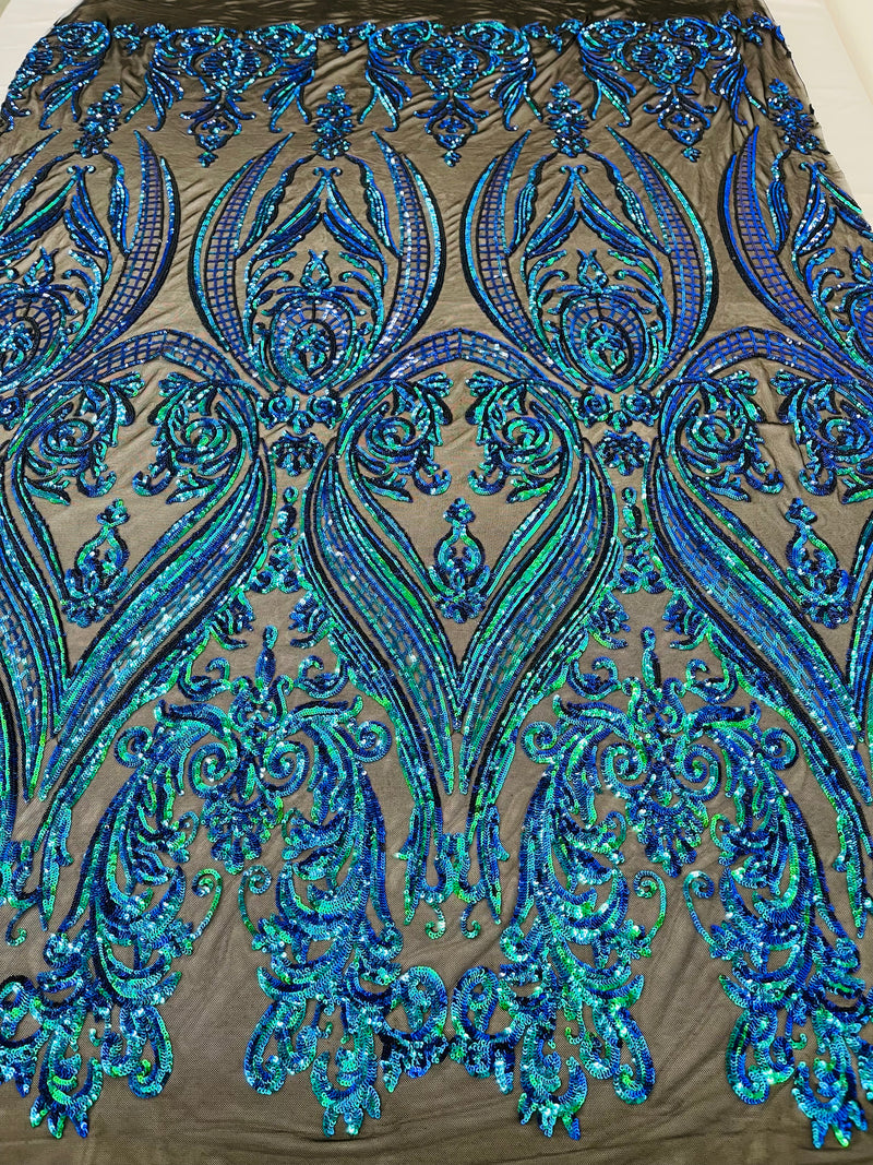 Mermaid Iridescent Sequins Fabric on Black Mesh, Damask Design 4Way Stretch Sequin By The Yard