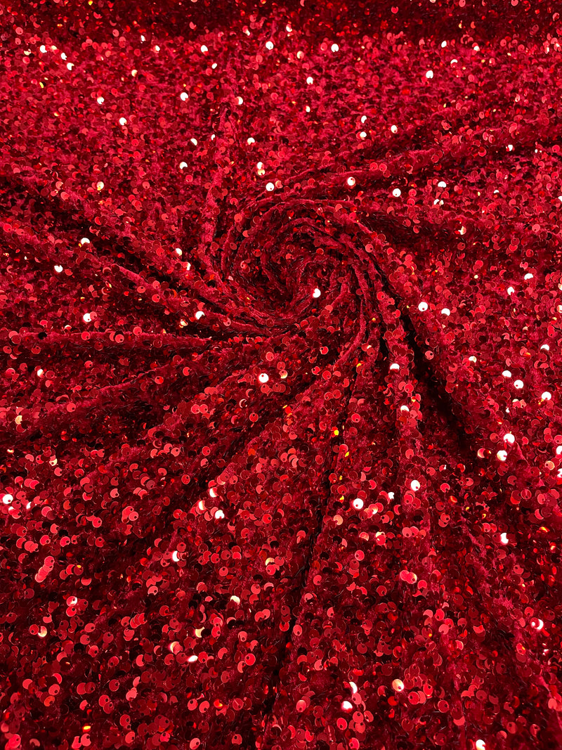 Red Sequin Fabric on Cranberry Stretch Velvet - by the yard - Sequins Velvet 2-Way Stretch