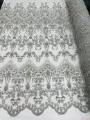 Silver Damask Design Beaded Fabric, Embroidered with Beads Wedding Bridal Sold By Yard