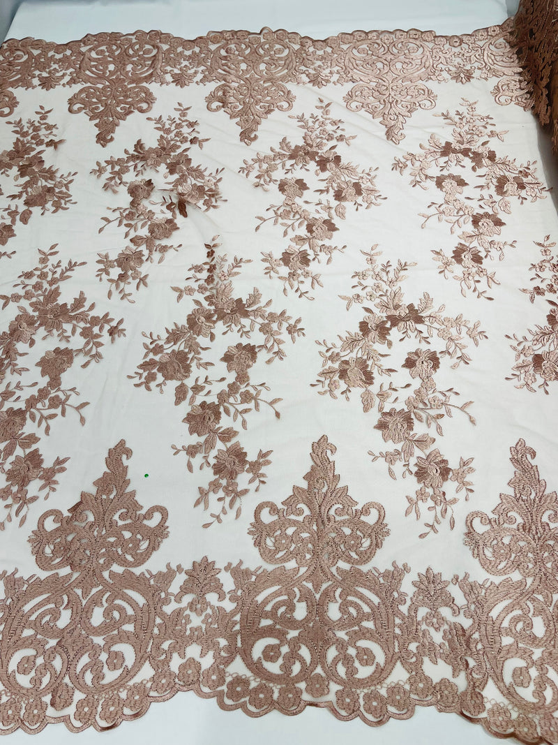 Blush Bridal Lace - By The Yard - Floral Damask Design Embroidered on Mesh Lace Fabric
