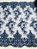 Navy Blue Bridal Lace - By The Yard - Floral Damask Design Embroidered on Mesh Lace Fabric