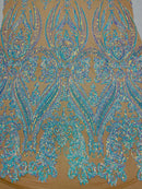 Aqua Iridescent Sequins Fabric Damask Design 4 Way Stretch Sequin Fabric Sold By The Yard