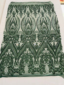 Hunter Green Sequins Fabric on Mesh, Damask Design 4 Way Stretch Sequin Fabric Sold By The Yard