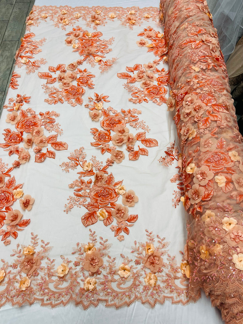 Orange 3D Floral Design Embroider and Beaded With Pearls On a Mesh Lace-Prom-Dresses By The Yard