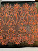 Orange Sequin Fabric on Black Mesh By The Yard Damask Design 4 Way Stretch Lace Sequin