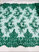 Hunter Green Bridal Lace - By The Yard - Floral Damask Design Embroidered on Mesh Lace Fabric